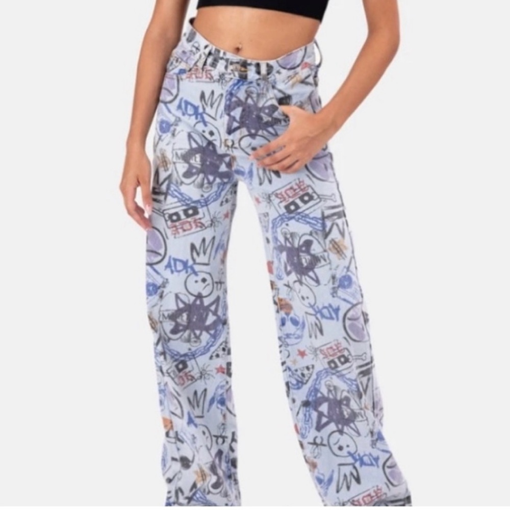 Adika Streetwear High Waist 5 Pocket Graffiti Print Faded  Wide Leg Jean- NWT